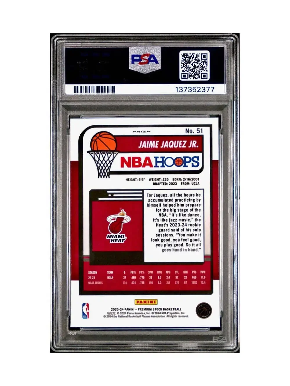 Jaime Jaquez Jr. 2023 Panini Hoops Premium #51 Disco Prizm PSA 8 NM-MT
